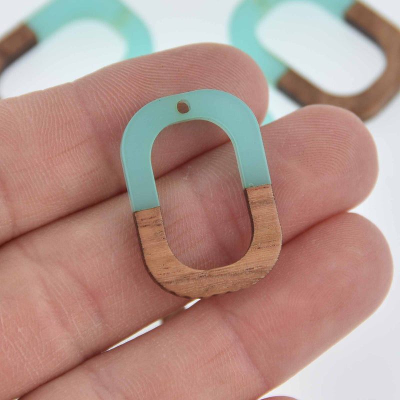 4 Oval Wooden Resin Charm, Teal Resin and Real Wood, 1-1/8" long, chs7694