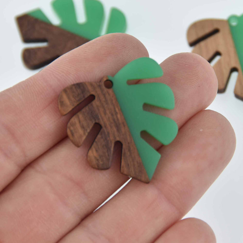 1 Monstera Leaf Charm, Green Resin and Real Wood, 1-1/8" long, chs7699