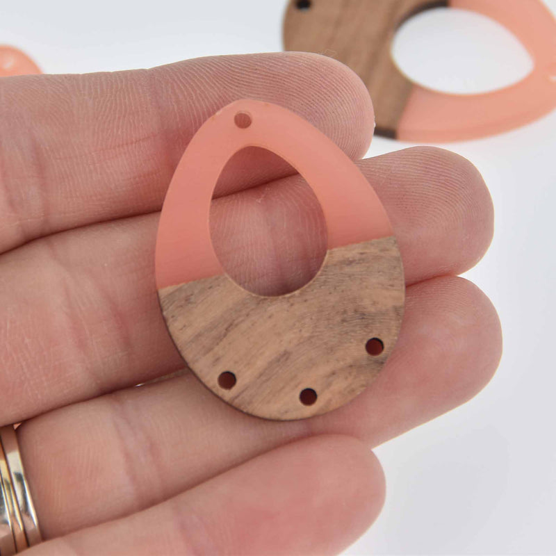 4 Teardrop Wooden Resin Charm, Pink Resin and Real Wood, 1.5" long, chs7700