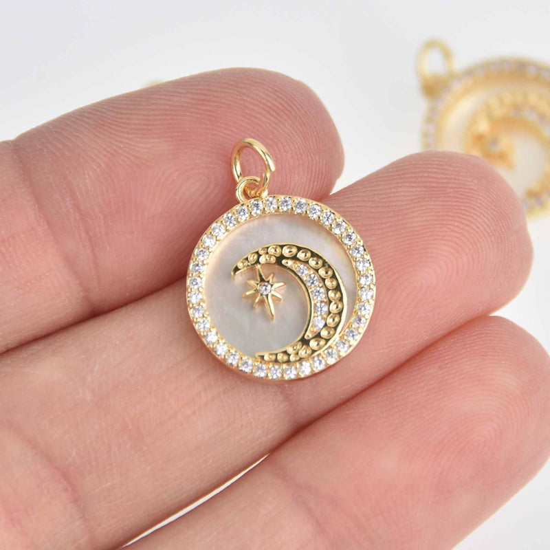 1 Gold Moon Charm, Micro Pave CZ crystals with white shell, gold plating, 16mm, chs7703