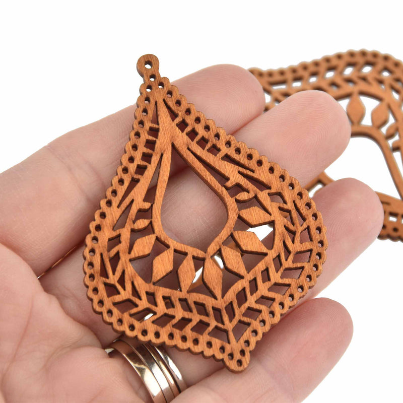 2 Wood Filigree Teardrop Charms, 2.75" long, chs7704