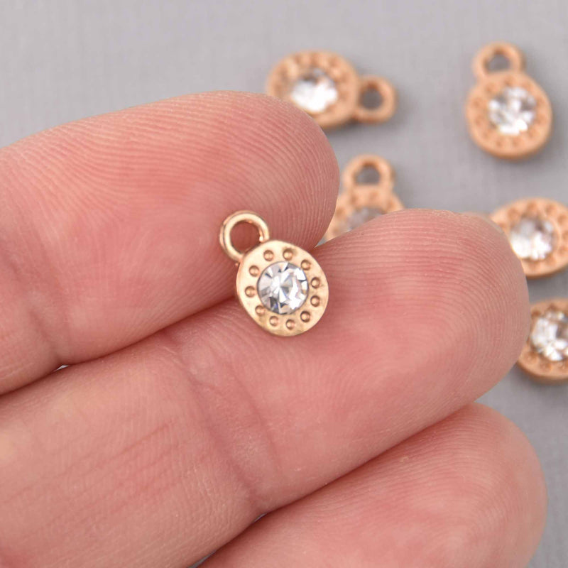 4 Gold Rhinestone Drop Charms, 8mm round coin charms, chs7714