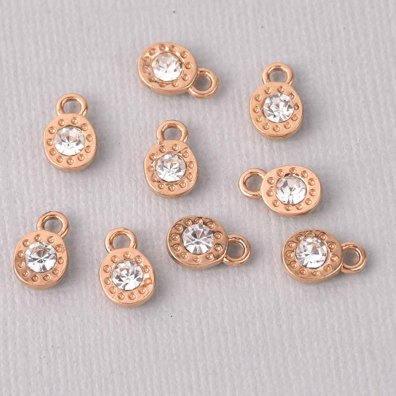 4 Gold Rhinestone Drop Charms, 8mm round coin charms, chs7714