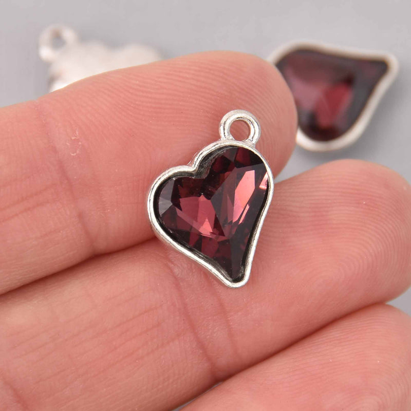6 Amethyst Crystal Heart Charms, Silver Metal, 19mm, chs7716