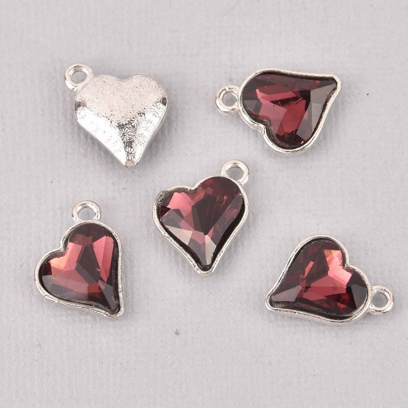 6 Amethyst Crystal Heart Charms, Silver Metal, 19mm, chs7716