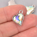 6 AB Crystal Heart Charms, Silver Metal, 19mm, chs7717