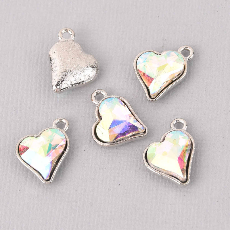 6 AB Crystal Heart Charms, Silver Metal, 19mm, chs7717