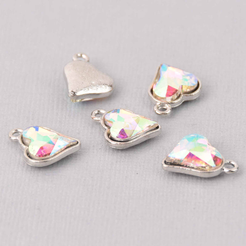 6 AB Crystal Heart Charms, Silver Metal, 19mm, chs7717