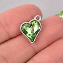 6 Peridot Green Crystal Heart Charms, Silver Metal, 19mm, chs7718