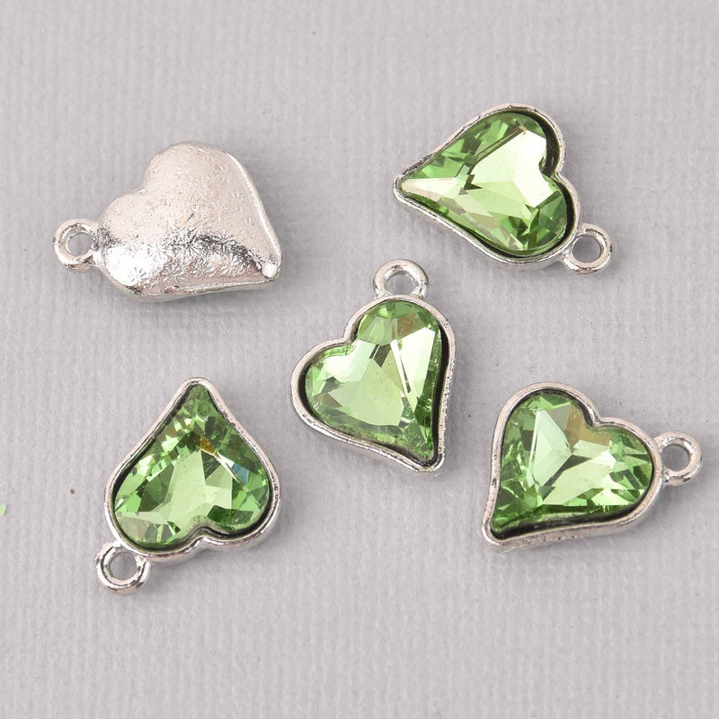 6 Peridot Green Crystal Heart Charms, Silver Metal, 19mm, chs7718