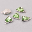 6 Peridot Green Crystal Heart Charms, Silver Metal, 19mm, chs7718