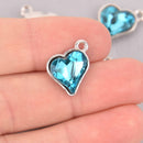 6 Turquoise Blue Crystal Heart Charms, Silver Metal, 19mm, chs7719