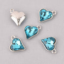 6 Turquoise Blue Crystal Heart Charms, Silver Metal, 19mm, chs7719