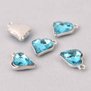 6 Turquoise Blue Crystal Heart Charms, Silver Metal, 19mm, chs7719
