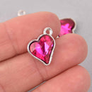 6 Pink Crystal Heart Charms, Silver Metal, 19mm, chs7720