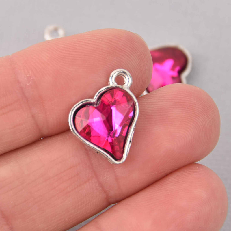 6 Pink Crystal Heart Charms, Silver Metal, 19mm, chs7720