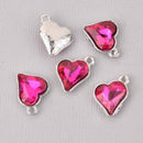6 Pink Crystal Heart Charms, Silver Metal, 19mm, chs7720