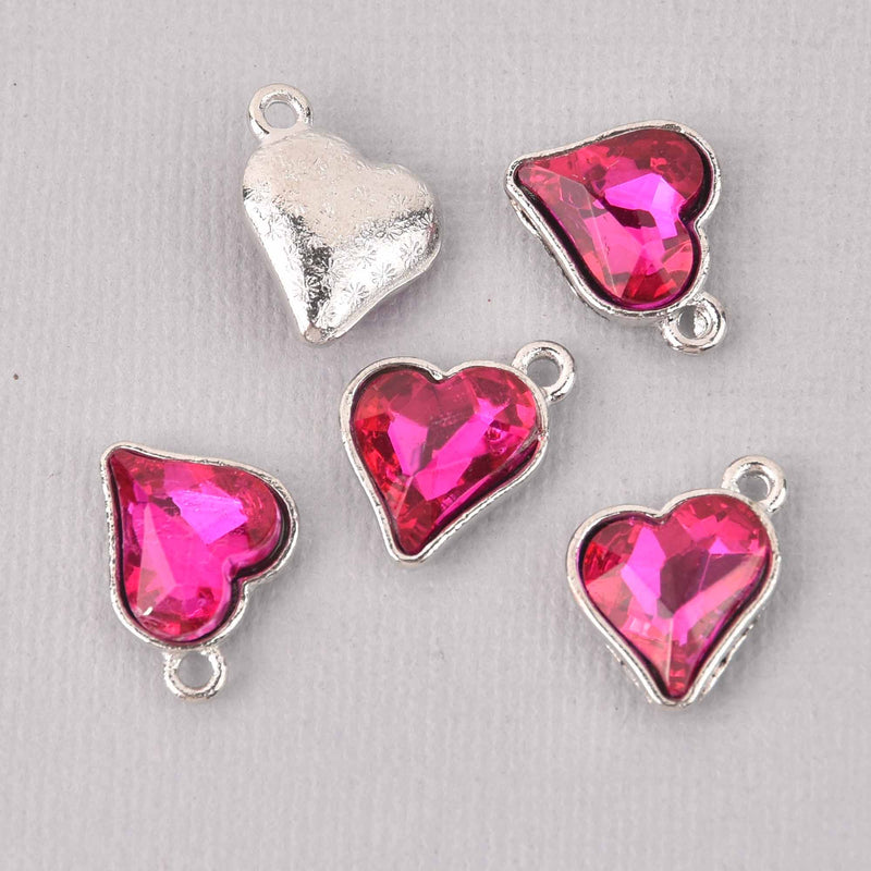 6 Pink Crystal Heart Charms, Silver Metal, 19mm, chs7720