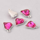 6 Pink Crystal Heart Charms, Silver Metal, 19mm, chs7720