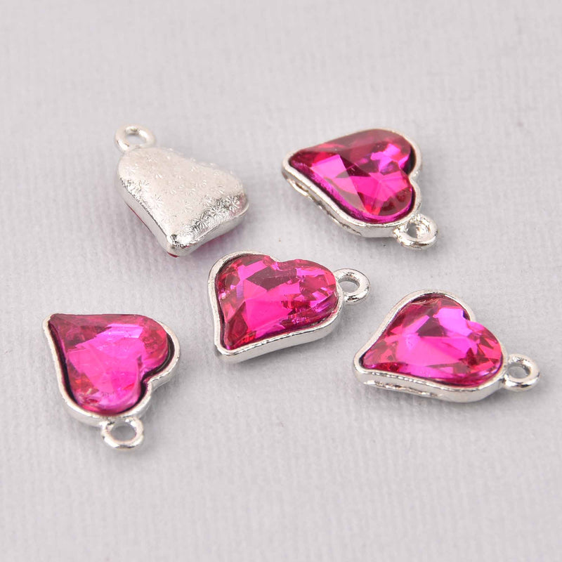 6 Pink Crystal Heart Charms, Silver Metal, 19mm, chs7720