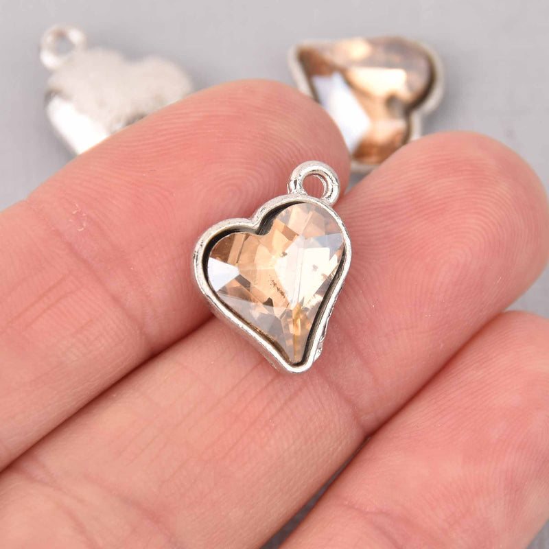 6 Topaz Crystal Heart Charms, Silver Metal, 19mm, chs7721