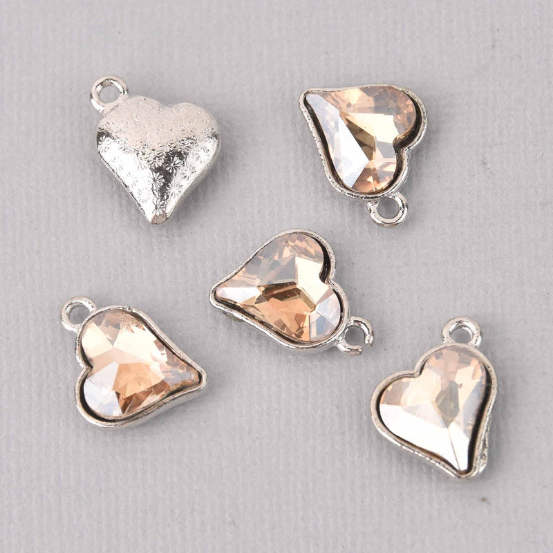 6 Topaz Crystal Heart Charms, Silver Metal, 19mm, chs7721