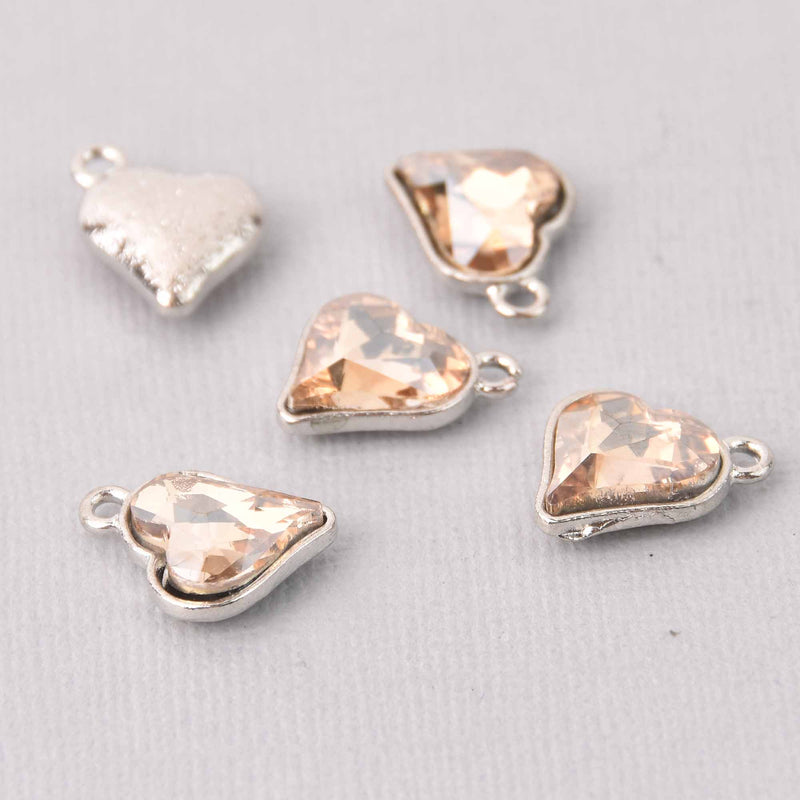 6 Topaz Crystal Heart Charms, Silver Metal, 19mm, chs7721