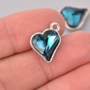 6 Capri Blue Crystal Heart Charms, Silver Metal, 19mm, chs7722