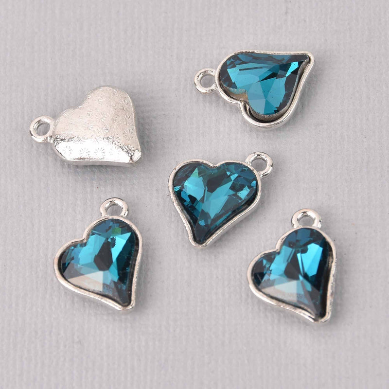 6 Capri Blue Crystal Heart Charms, Silver Metal, 19mm, chs7722