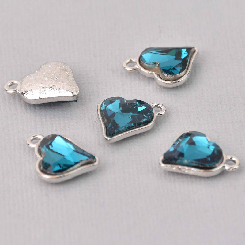6 Capri Blue Crystal Heart Charms, Silver Metal, 19mm, chs7722
