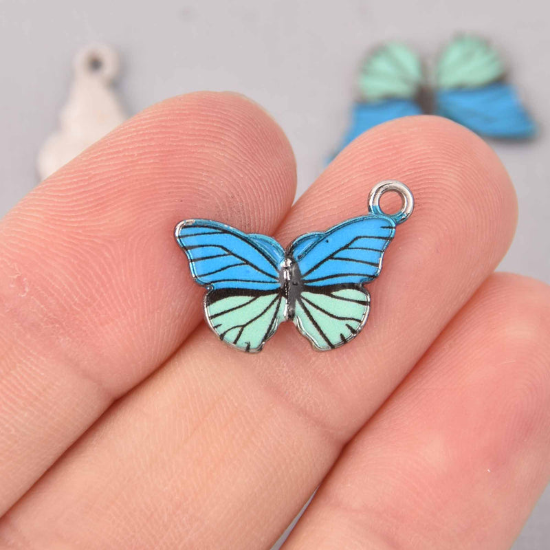 6 Butterfly Charms, Blue and turquoise enamel with silver plated charm, chs7723