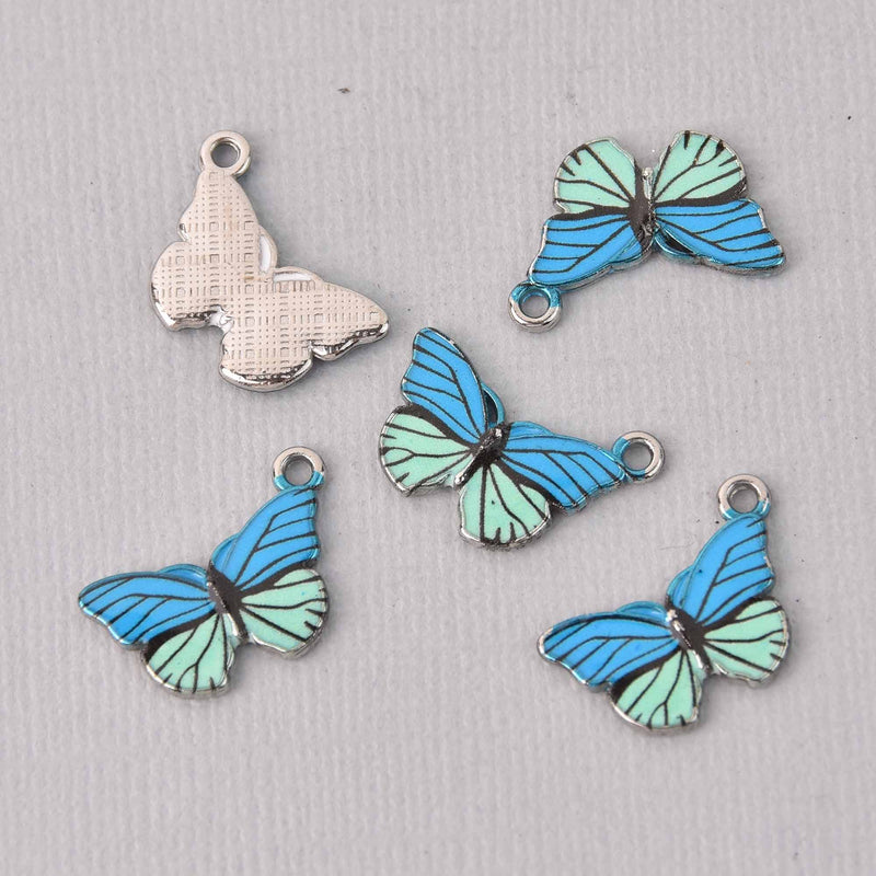 6 Butterfly Charms, Blue and turquoise enamel with silver plated charm, chs7723