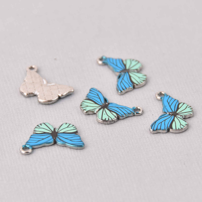 6 Butterfly Charms, Blue and turquoise enamel with silver plated charm, chs7723