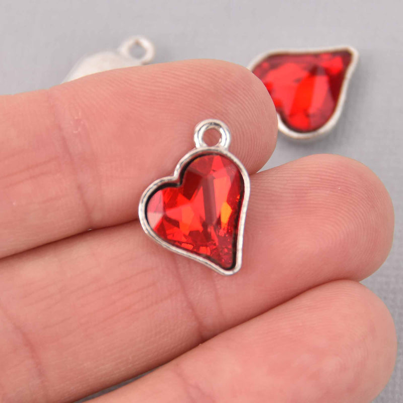 6 Red Crystal Heart Charms, Silver Metal, 19mm, chs7724