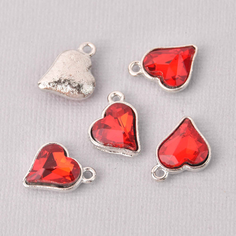 6 Red Crystal Heart Charms, Silver Metal, 19mm, chs7724