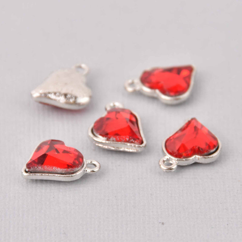 6 Red Crystal Heart Charms, Silver Metal, 19mm, chs7724
