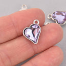 6 Lavender Crystal Heart Charms, Silver Metal, 19mm, chs7725