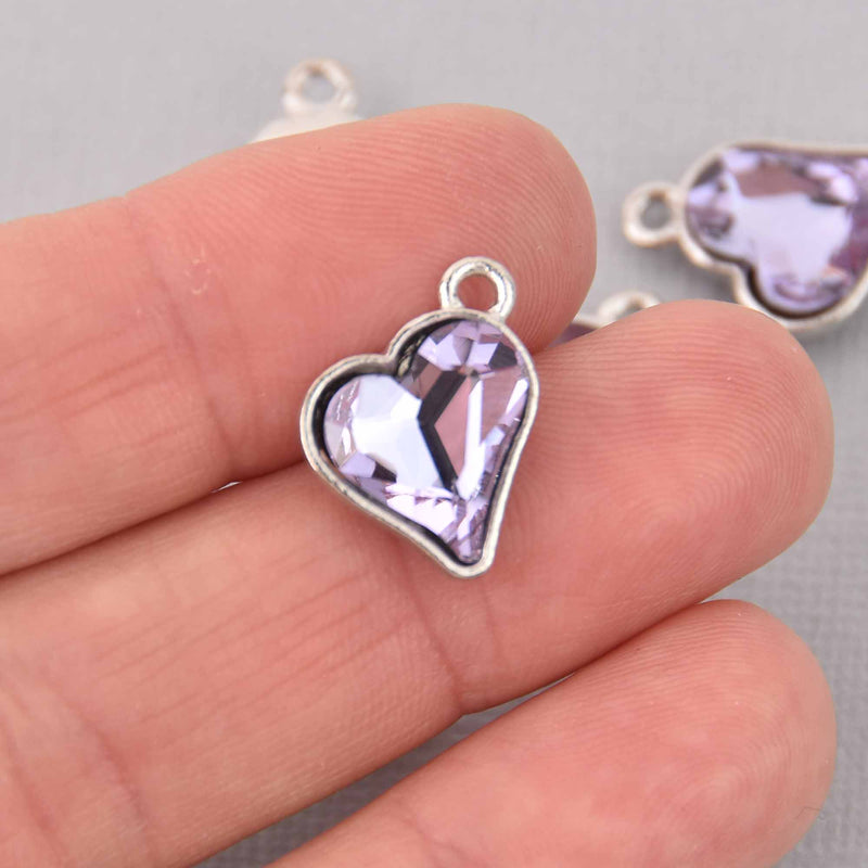 6 Lavender Crystal Heart Charms, Silver Metal, 19mm, chs7725
