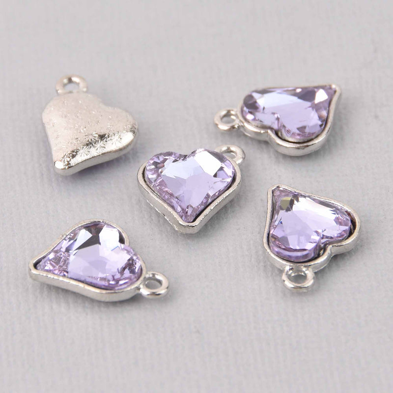 6 Lavender Crystal Heart Charms, Silver Metal, 19mm, chs7725