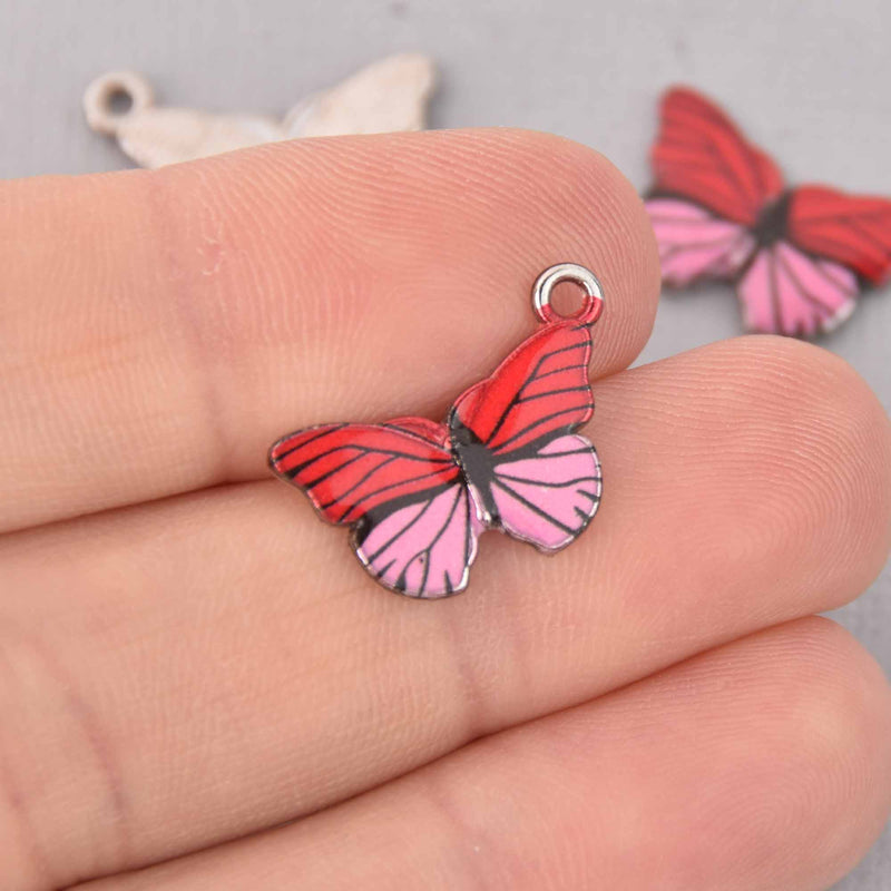 6 Butterfly Charms, Red and pink enamel with silver plated charm, chs7726