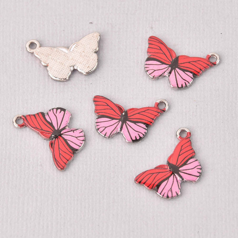 6 Butterfly Charms, Red and pink enamel with silver plated charm, chs7726