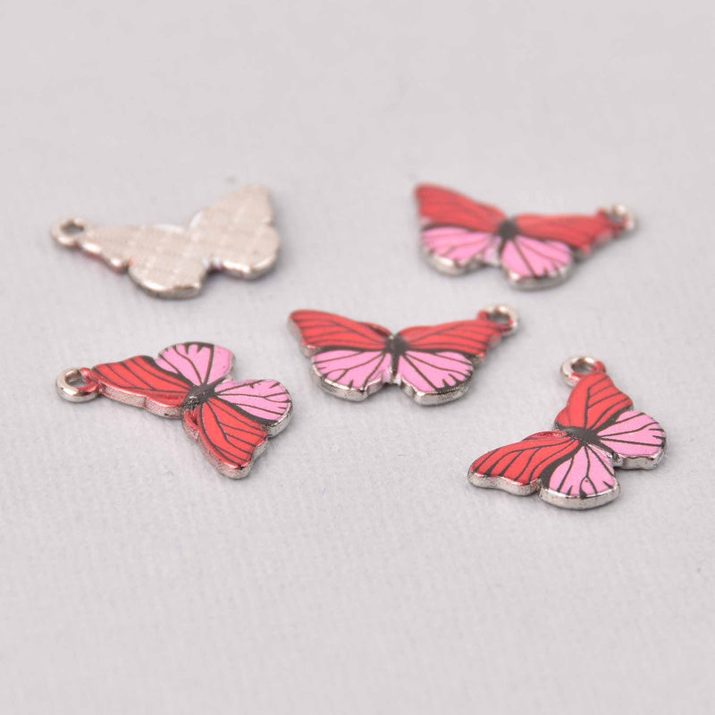 6 Butterfly Charms, Red and pink enamel with silver plated charm, chs7726
