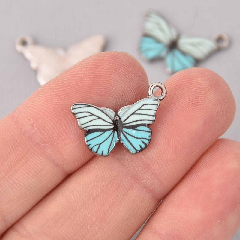 6 Butterfly Charms, Light blue enamel with silver plated charm, chs7727