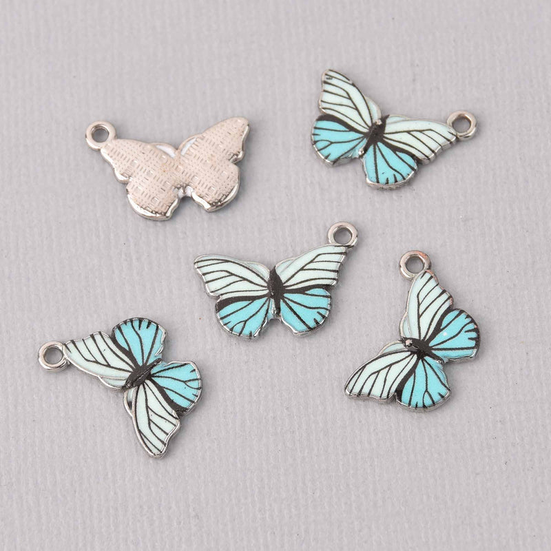 6 Butterfly Charms, Light blue enamel with silver plated charm, chs7727