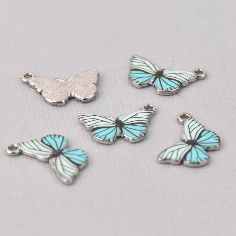 6 Butterfly Charms, Light blue enamel with silver plated charm, chs7727