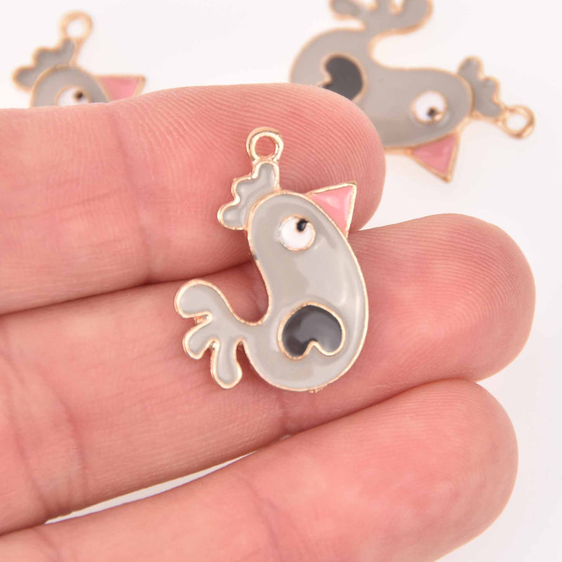 4 Chicken Charms Gold plated with gray enamel, chs7728