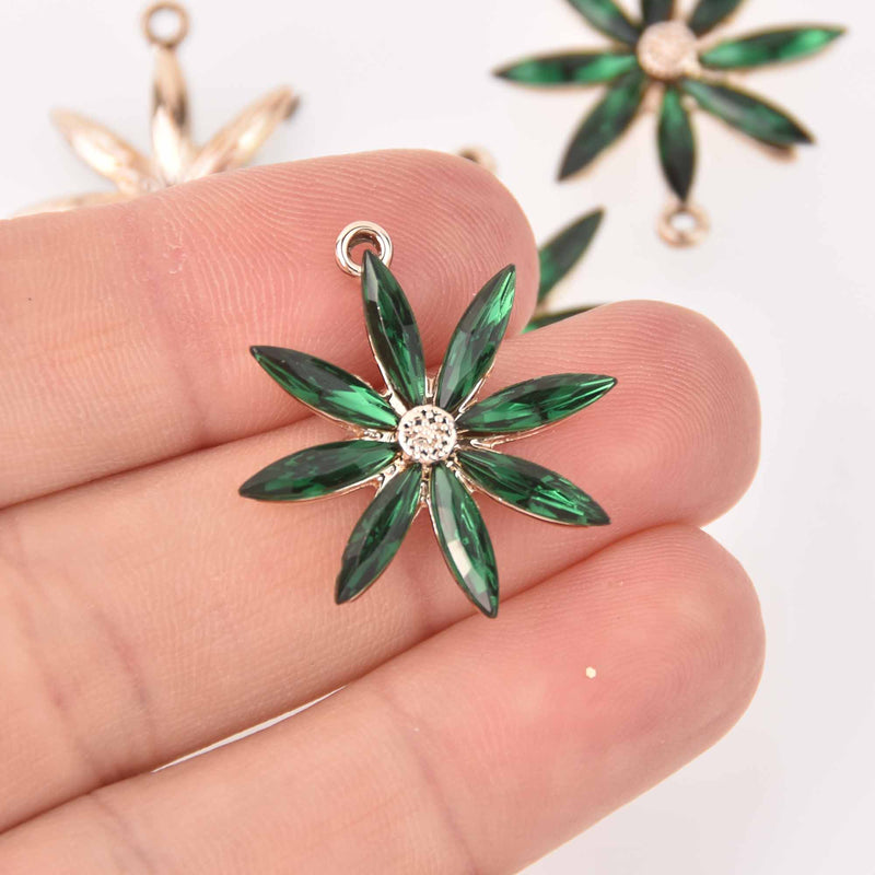 2 Green Flower Charms, Micro Pave Cubic Zirconia, 28mm, chs7729