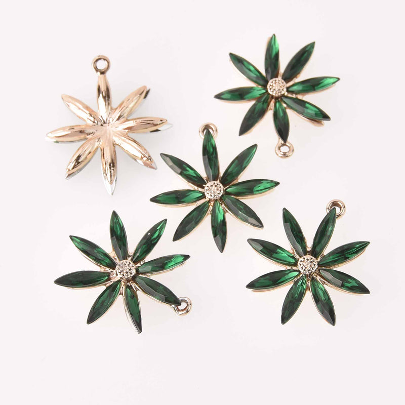 2 Green Flower Charms, Micro Pave Cubic Zirconia, 28mm, chs7729