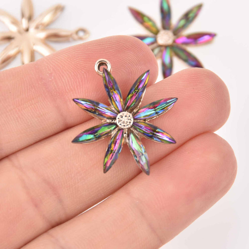 2 Crystal Flower Charms, Northern Lights Vitrail, Cubic Zirconia, 28mm, chs7730