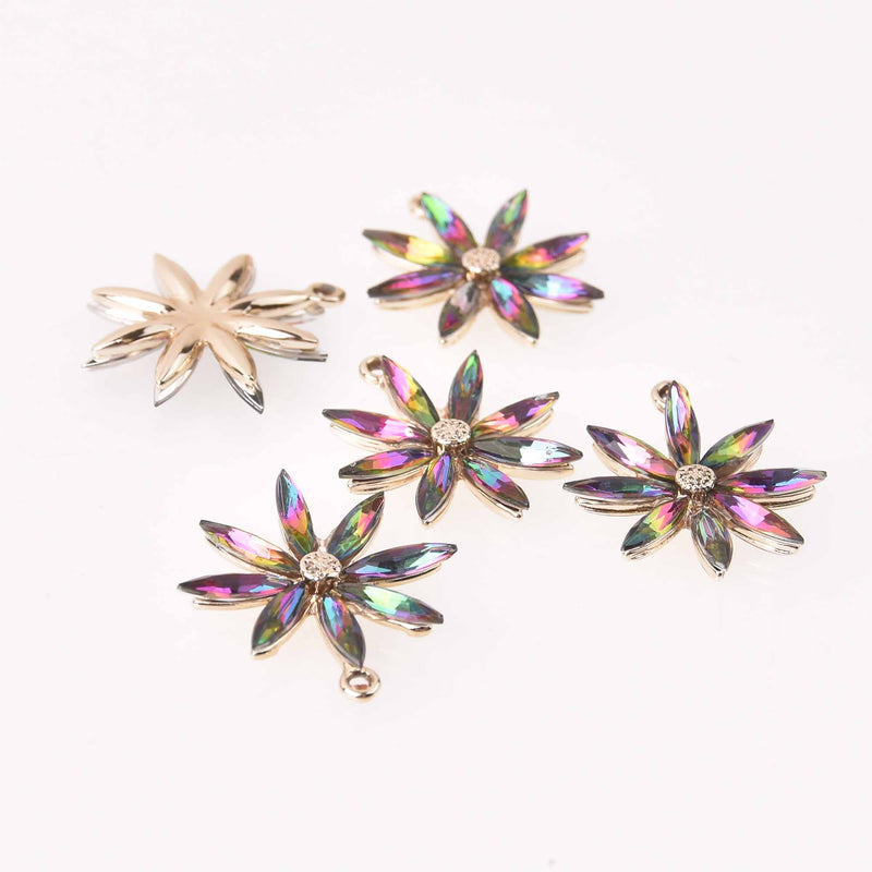 2 Crystal Flower Charms, Northern Lights Vitrail, Cubic Zirconia, 28mm, chs7730